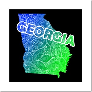 Colorful mandala art map of Georgia with text in blue and green Posters and Art